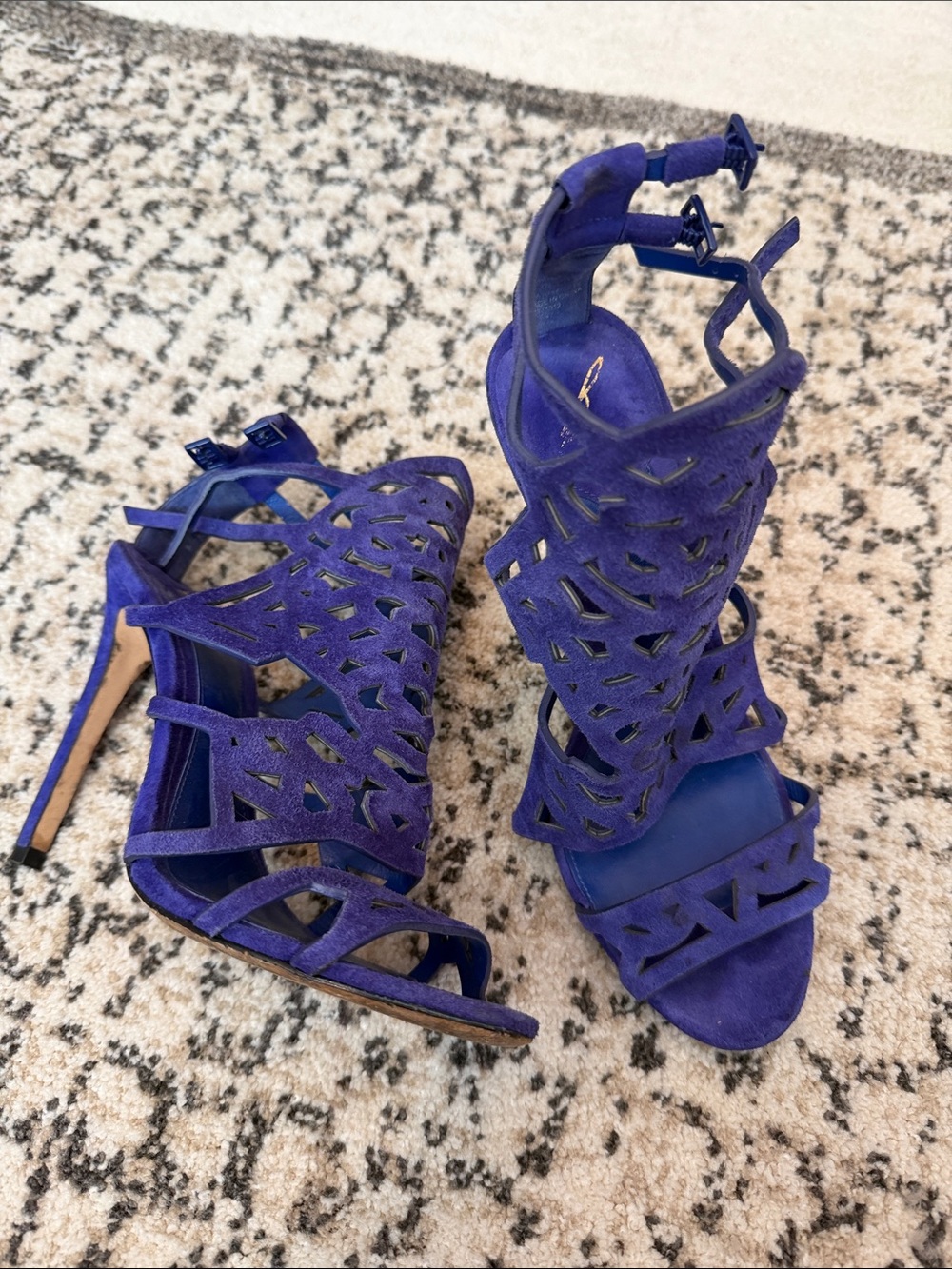 Brian Atwood Purple Laser-Cut Suede Stiletto Sandals